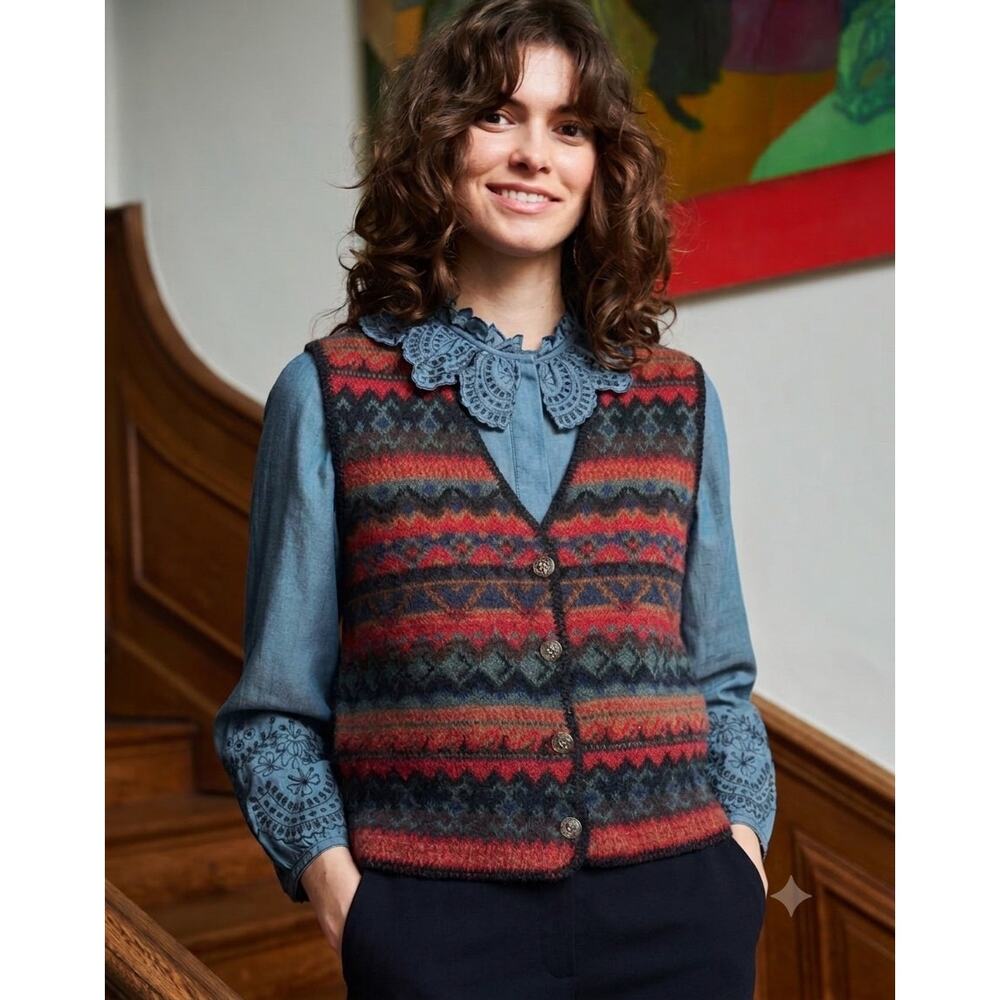 Vintage ALPS Fine Womens Apparel Fair Isle Wool Sweater Vest Button Front Size M
